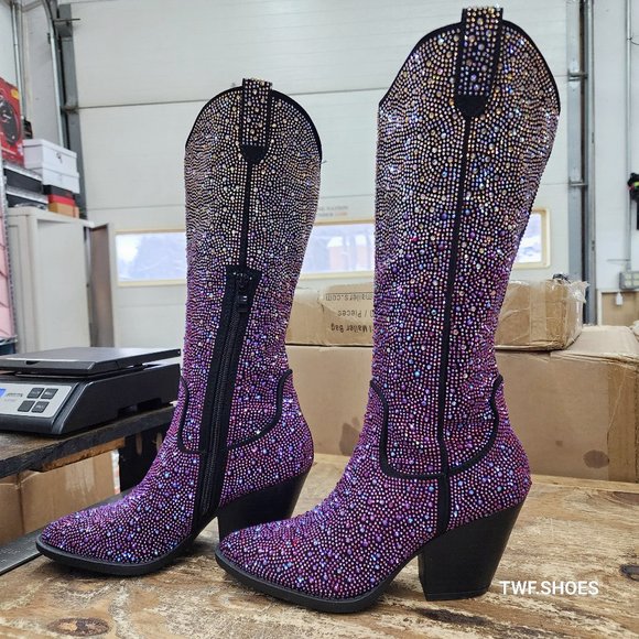 Western Glow Multi Purple Ombre Rhinestone Disco Cowgirl Knee Boots - Picture 16 of 17